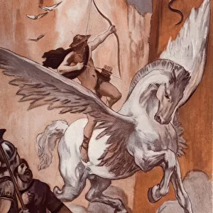 The History of Bellerophon: Bellerophon on his horse Pegase kills the Chimere. Illustration by Clement Gontier (1876-1918) for Homeres "The Iliad"(Omero). Paris, Henri Laurens, 1930