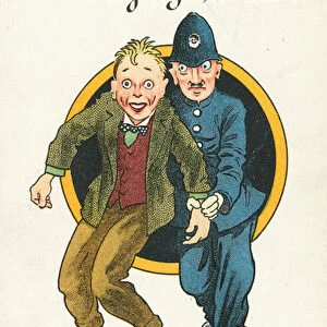 Homeless man celebrating being arrested by a policeman and taken to jail (chromolitho)