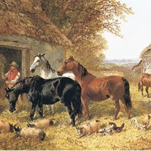 Horses in a farmyard (colour litho)