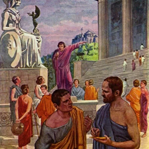 An illiterate voter asking Aristides to write his name on a shard of pottery used as a ballot (colour litho)