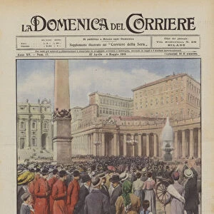 The illness of Pius X, the faithful and curious in St. Peters Square looking at the window of the Popes room (colour litho)