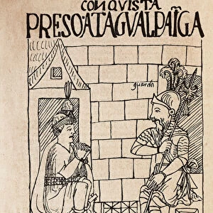 Inca emperor Atahualpa, prisoner of the Conquistadores at Cajamarca (Ink drawing