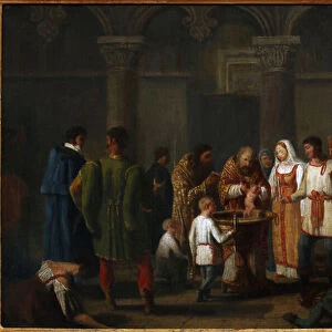 Infant Baptism, Anonymous. Oil on canvas, Early 19th cen. State Museum of A. S. Pushkin, Moscow