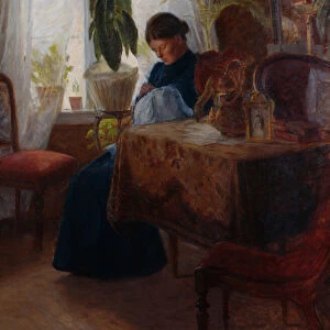 Interior with woman sewing