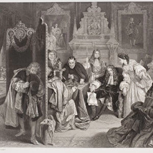 James II (1633-1701) receiving news of the landing of the Prince of Orange, engraved by F