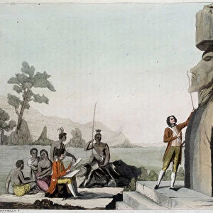 Jean-Francois Galaup, Count of La Perouse (Jean Francois Laperouse, 1741-1788) in front of the statues of Easter Island (Rapa Nui) - in "Le costume ancien et moderne"by Ferrario, ed. Milan, 1819-20