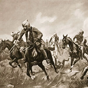 Jemadar Ram-Karan leading his troop under heavy rifle fire against the enemy who were