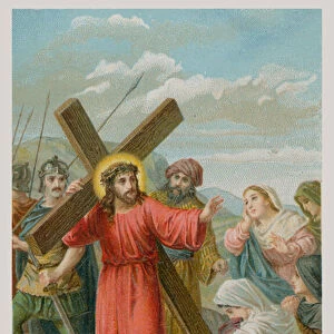 Jesus consoles the women who are weeping for him. The eighth Station of the Cross (chromolitho)