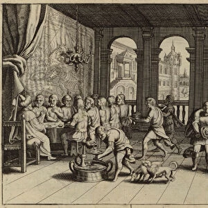 Joseph serving a banquet to his brothers in Egypt (engraving)