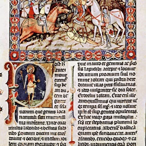 King Stephen I of Hungary (St. Stephen I of Hungary or Szent Istvan, circa 970-1038) fighting against the Slavic and Bulgarian tribes led by their leader Koppany Miniature taken from "Chronica Hungarorum or Chronicon Pictum