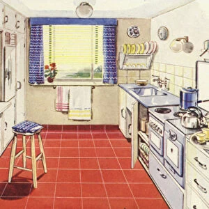 Kitchen with electric horizontal cooker (colour litho)
