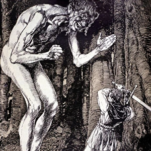 The knight and the giant. Illustration by Robert Engels (1856 - 1936). German engraving