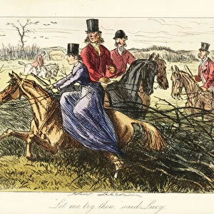 Lady riding side-saddle on a horse stuck in a fence during a fox hunt, 19th century