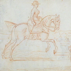 A lady riding side-saddle turns to look at a dismounted rider (graphite & red chalk)