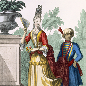 Lady in summer dress, c. 1690-1700 (coloured engraving)