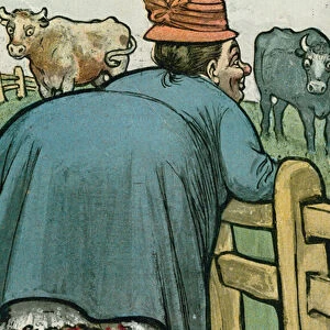 Large woman communicating with cows (colour litho)