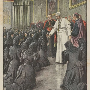 The Lombard pilgrimage to the Vatican, the ladies admitted to the hand kiss by the Pontiff (colour litho)