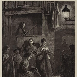 London Life at the East End, Sack-Making by the Light of a Street Lamp (engraving)
