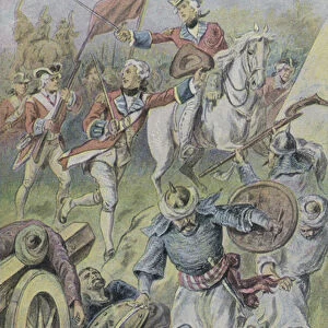 Lord Clive commanding the British at the Battle of Plassey, India, 1757 (colour litho)