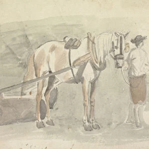 Man with a horse harnessed to a roller (graphite & w / c on paper)