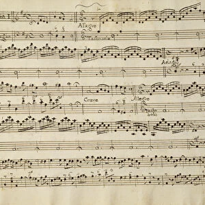 Manuscript page from the score of Opus V, Sonata for violin, violone, and harpsichord