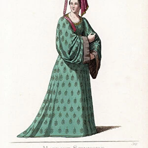 Matron costume (midwife) from Siena (Italy), 14th century, always dressed in green - Woman of Siena, 14th century - She wears a violet peaked headdress with hanging veil