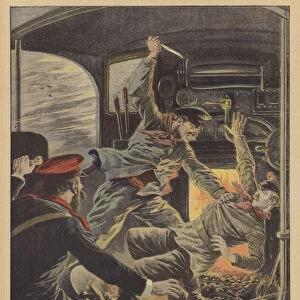 A mechanic attacking a train driver with a knife in a fit of madness in Russia (colour litho)