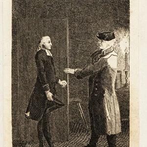 Two men arguing in a candlelit room, 18th century. 1791 (engraving)