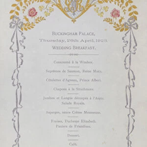 Menu for the wedding breakfast of Prince Albert, Duke of York, Buckinham Palace, 26 April 1923 (colour litho)