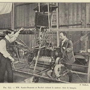 MM Santos-Dumont et Buchet visitant le moteur, dans le hangar (engraving)