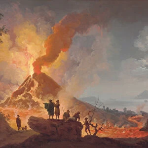 Mount Vesuvius erupting by night, seen from the Atrio del Cavallo with spectators in