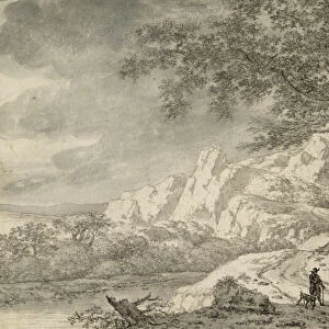 Mountainous Landscape with a Hiker (chalk and indian ink on paper)