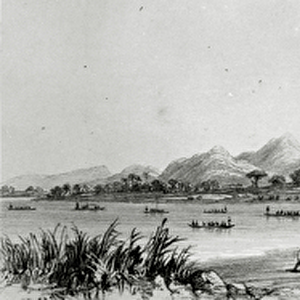 Mountains & Market Canoes near Bokwen, from Picturesque Views on the River Niger