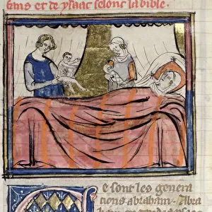Ms 22 fol. 30 The Birth of the twins Jacob and Esau, miniature from the Bible Historiale