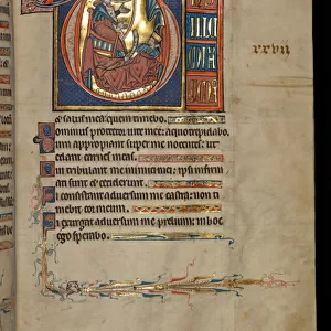 Ms 322 f. 28r, Psalm 26, initial D, David harping before Saul