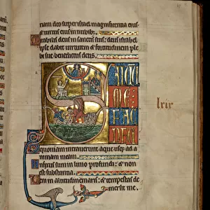 Ms 322 f. 67r, Psalm 68, initial S, Jonah praying to Christ on his exit from the whale