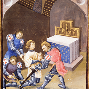 Ms. Fr 99 f. 561 Galahad receives a sword and spurs in the ritual of knighthood before he