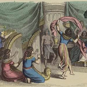 Musicians and dancers performing before the Pharaoh in Ancient Egypt (coloured engraving)