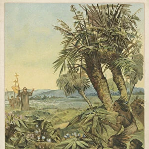 Natives of the New World watching the newly arrived Spaniards (chromolitho)