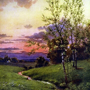 Nature's Harmony c1912. After Thomas Moran (1837-1926) English-born American artist. Landscape Pastoral Tree Meadow Stream Sunset Tranquillity