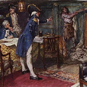 Nelson has the coffin presented to him by Captain Hallowell placed against the bulkhead of his cabin (colour litho)