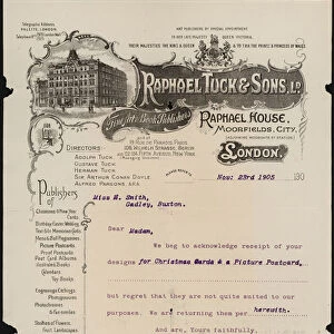 Note from Raphael Tuck & Sons rejecting designs for Christmas cards and picture postcards submitted to them, 1905 (litho)