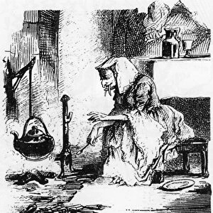 Old witch with big teeth boiling a potion in her chimney (engraving)