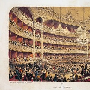 Opera ball, Paris. Lithography watercolour, illustration by E. de la Tramblaiz, in "Album, souvenirs de Paris", Daziaro editor, Paris, 1885
