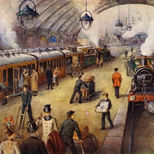 Passengers on the platform before the trains departure (colour litho)