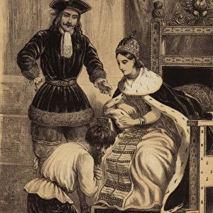 Peter the Great of Russia ordering Karol Skowronski to kiss the hem of the skirt of his sister, Empress Catherine I (litho)