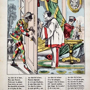 Pierrot, Harlequin and the neighbor, ill. of the song "Au clair de la lune"