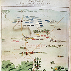 Plan and view of the Battle of Waterloo with the position of the English in red