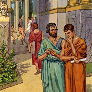 Plato instructing his pupils in the colonnades of Athens while youths cavort in the gymnasium (colour litho)