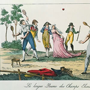 Playing tennis (colour litho)